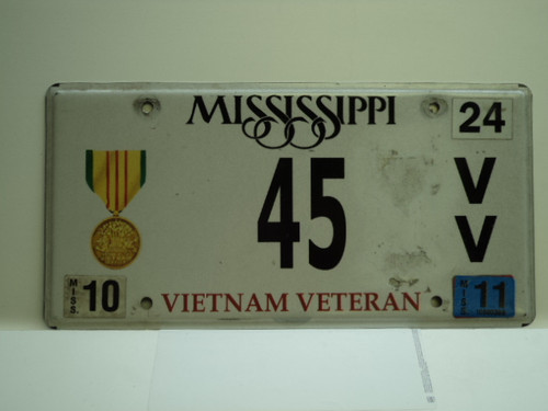 2011 MISSISSIPPI Vietnam Vet License Plate 45 VV