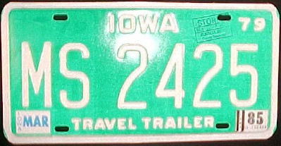 1985 Mar Iowa MS 2425 Travel Trailer License Plate