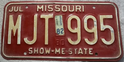 1982 Jul Missouri License Plate MJT 995 DMV Clear
