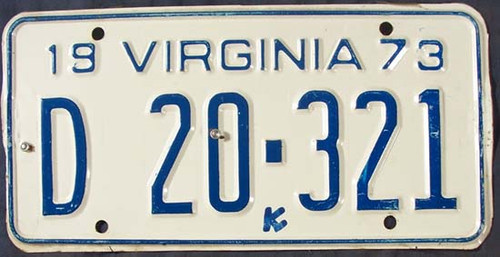 1973 Virginia D 20 321 License Plate DEALER