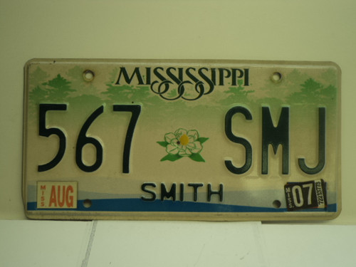 2007 MISSISSIPPI License Plate 567 SMJ