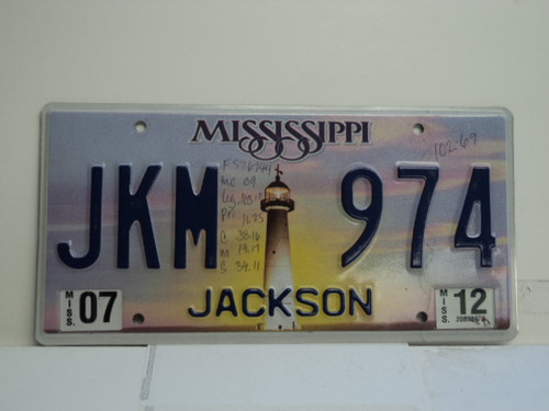 2012 MISSISSIPPI Lighthouse License Plate JKM 974