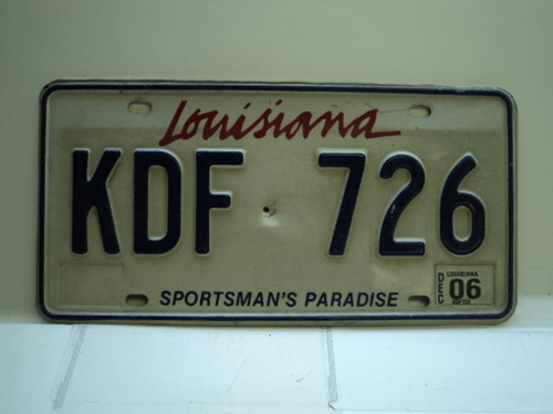 2006 LOUISIANA Sportsmans Paradise License Plate KDF 726