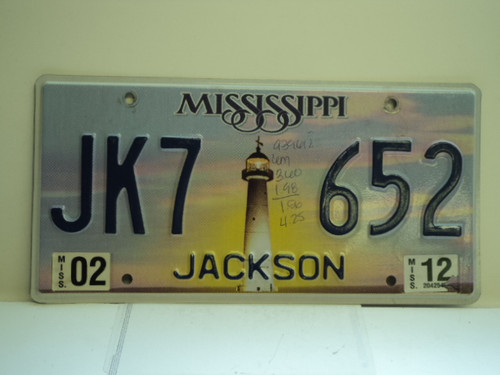 2012 MISSISSIPPI Lighthouse License Plate JK7 652