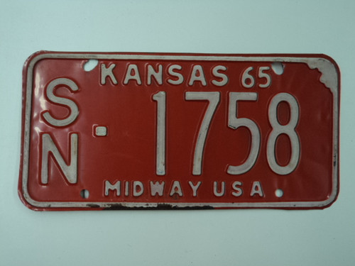 1965 KANSAS Midway USA License Plate SN 1758
