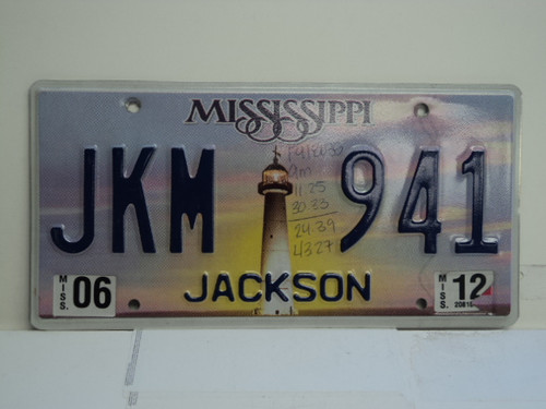2012 MISSISSIPPI Lighthouse License Plate JKM 941