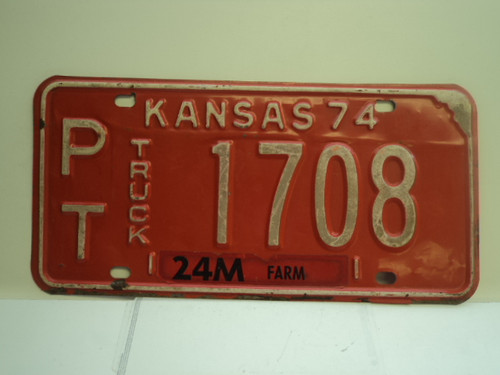 1974 KANSAS Farm Truck 24M License Plate PT 1708