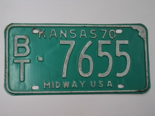 1970 KANSAS Midway USA License Plate BT 7655