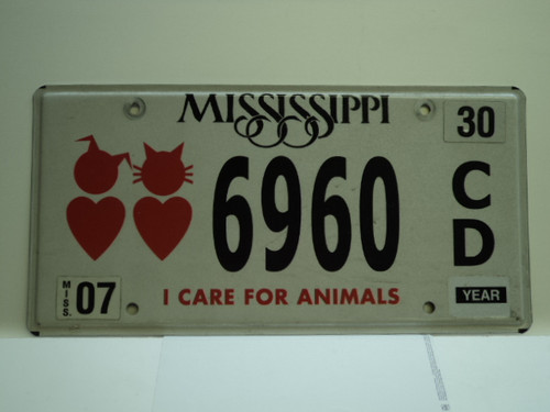 MISSISSIPPI I Care for Animals License Plate 6960 CD