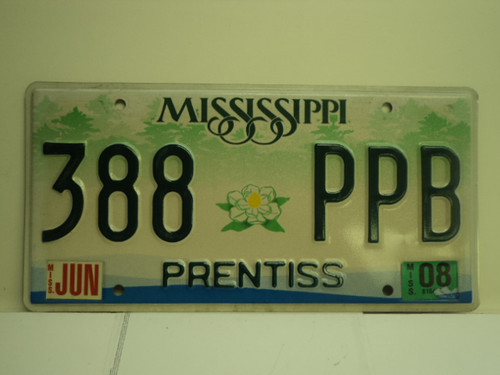 2008 MISSISSIPPI License Plate 388 PPB