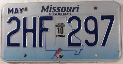 May 2010 Missouri License Plate 2HF-297 Bluebird