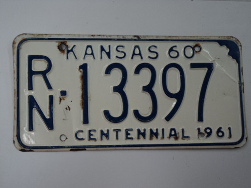 1960 KANSAS 1961 Centennial License Plate RN 13397