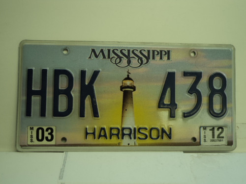 2012 MISSISSIPPI Lighthouse License Plate HBK 438