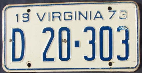 1973 Virginia D 20 303 License Plate DEALER