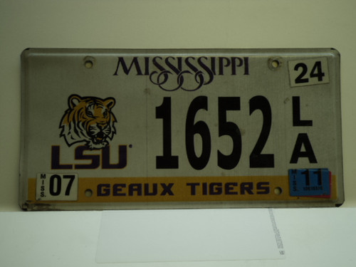 2011 MISSISSIPPI LSU Geaux Tigers License Plate 1652 LA
