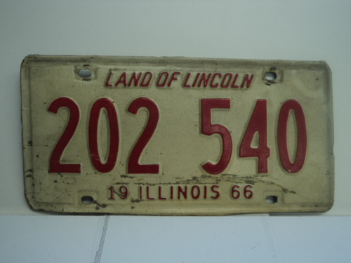 1966 ILLINOIS Land of Lincoln License Plate 202 540