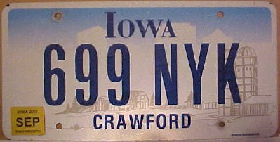 2007 Sep Crawford Co Iowa 699 NYK Flat License Plate
