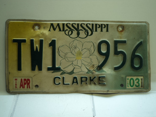 2003 MISSISSIPPI Magnolia License Plate TW1 956