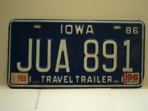 1986 1996 IOWA Travel Trailer License Plate JUA 891