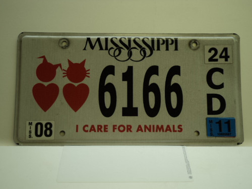 2011 MISSISSIPPI I Care for Animals License Plate 6166 CD