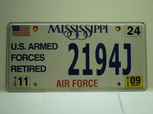 2009 MISSISSIPPI US AIR FORCE Retired License Plate 2194J
