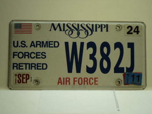 2011 MISSISSIPPI US AIR FORCE Retired License Plate W382J