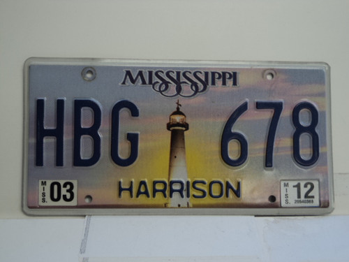 2012 MISSISSIPPI Lighthouse License Plate HBG 678