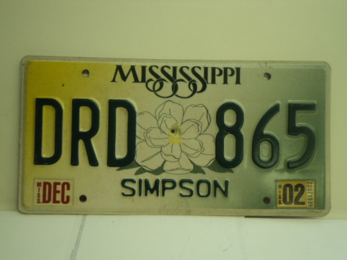 2002 MISSISSIPPI License Plate DRD 865