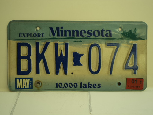 2001 MINNESOTA Explore 10,000 Lakes License Plate BKW 074