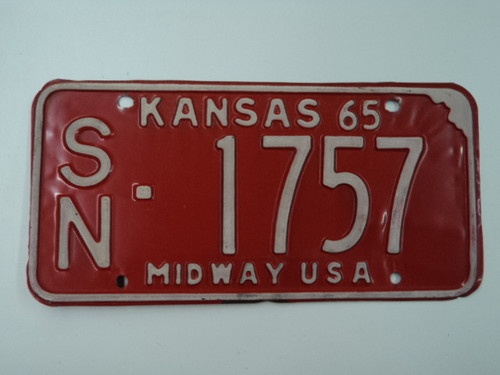 1965 KANSAS Midway USA License Plate SN 1757