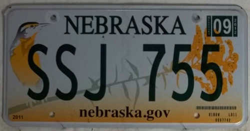 2012 Sep Nebraska License Plate SSJ 755