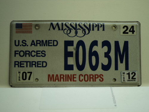 2012 MISSISSIPPI US MARINE CORP License Plate E063M