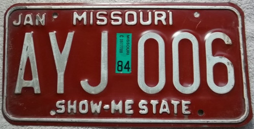 1984 Jan Missouri License Plate AYJ 006 DMV Clear