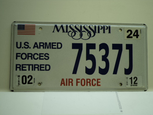2012 MISSISSIPPI US AIR FORCE Retired License Plate 7537J