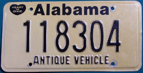 Alabama Antique Vehicle License Plate 118304 HOD