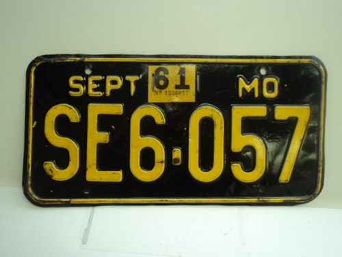 1961 Missouri License Plate SE6 057 DMV CLEAR