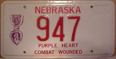 Nebraska 947 Purple Heart Combat Wounded License Plate
