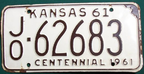 1961 Kansas License Plate Centennial JO-62683