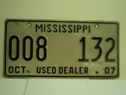 2007 MISSISSIPPI Used Auto Dealer License Plate 008 132