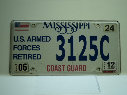 2013 MISSISSIPPI US Coast Gaurd Retired License Plate 3125C