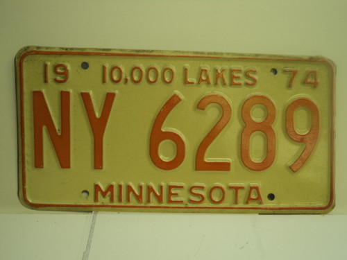 1974 MINNESOTA 10000 Lakes License Plate NY 6289