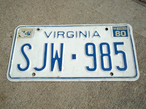 1980 VIRGINIA License Plate SJW 985