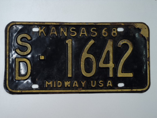 1968 KANSAS Midway USA License Plate SD 1642