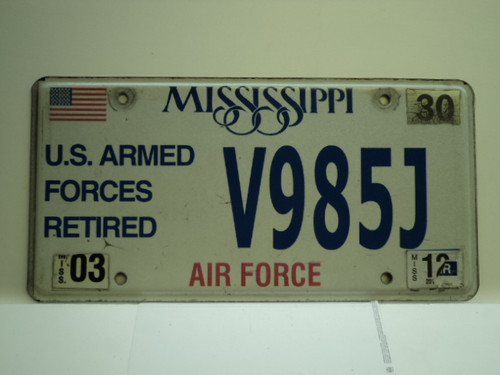 2012 MISSISSIPPI US AIR Force Retired License Plate V985J