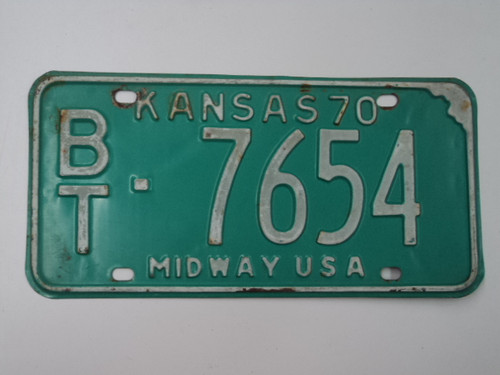 1970 KANSAS Midway USA License Plate BT 7654