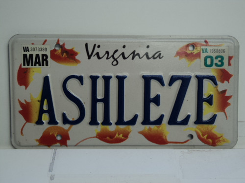 2003 VIRGINIA Vanity License Plate ASHLEZE