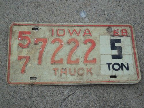 1968 IOWA 5 TON Truck License Plate 57 7222
