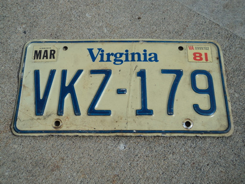 1981 VIRGINIA License Plate VKZ 179