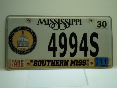 2011 MISSISSIPPI Southern Miss University License Plate 4994S