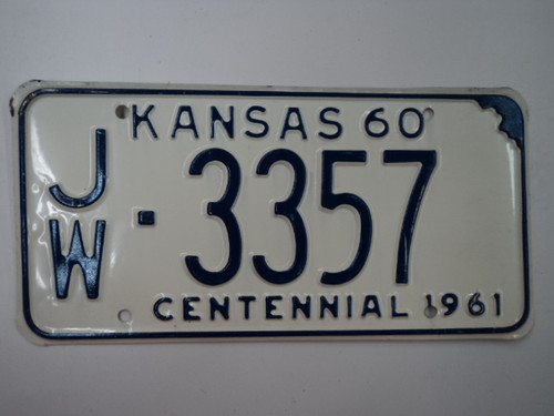 1960 KANSAS 1961 Centennial License Plate JW 3357
